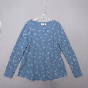 Logo Lori Goldstein Top Medium Blue Floral Waffle Knit Thermal Boho Long Sleeve